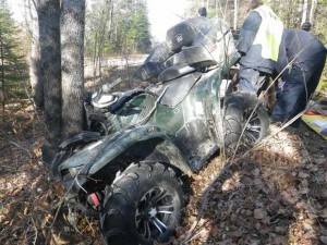 A father and son were injured when their ATV ran into a tree Saturday afternoon on the Whistle Stop Rail Trail in Farmington. Both were wearing helmets, which helped save them, according to the Maine Warden Service.